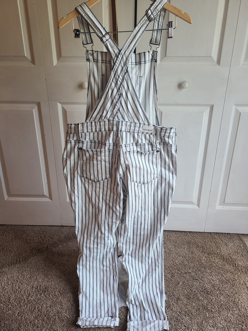 Judy Blue Striped Cotton Jumpsuit Overalls - White with Navy Pinstripes L - Picture 6 of 9